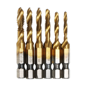 Titanium HSS Drill Tap Bit Set 6PCS Industrial Grade | Titanium coated HSS4341 drill tap set for metal threading. Industrial grade durability vs HSS4241 economy bits. SAE Tapping